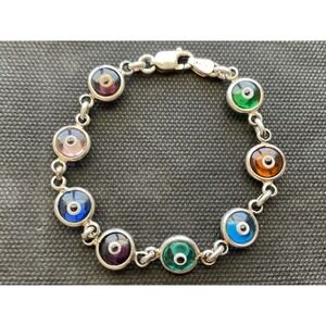 925 Sterling Silver Multi Color Evil Eye Bracelet Vintage Estate Jewelry